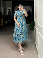 Load image into Gallery viewer, Top Fashion Trends for Shoppers Trend Light Blue Color Tabby Silk Dresses With Price and Online Shopping Price Under 1500 . Shop this stylish Tabby Silk frock with printed design, 6.5-meter flair, and full micro cotton lining. Adjustable chest up to 44 inches for perfect comfort . Traditional look for 2025-26 . 
