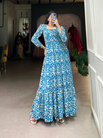 Load image into Gallery viewer, Light Blue Georgette Gown With Price and Online Shopping Price Under 1000. this Fabric SO Soft and Silk Fabric and Printed Design For Fabric Light Blue Georgette Gown . Traditional Look and Model Woman Using 2024-25 . 
