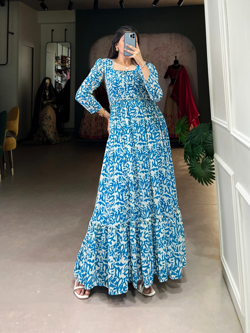Light Blue Georgette Gown With Price and Online Shopping Price Under 1000. this Fabric SO Soft and Silk Fabric and Printed Design For Fabric Light Blue Georgette Gown . Traditional Look and Model Woman Using 2024-25 . 