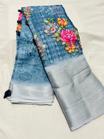 Load image into Gallery viewer, Light Blue Linen Cotton Sarees With Price and Online Shopping Price 2000 . This Fabric Flowers Design and Zari Weaving Work and Most Authentic look .
