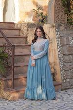 Load image into Gallery viewer, Light Blue Or Light Sky Star Georgette Anarkali Price and Online Shopping Price Under 2000 . this Fabric Light Blue Or Light Sky Star Georgette Anarkali For Weddings Wear Collection Best For Price Under 2000 . This Fabric So Heavy and Sequins With Embroidery Work , Heavy Flair , Traditional Look For 2024-25 , 2025-26 . 
