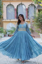Light Blue Or Light Sky Star Georgette Anarkali Price and Online Shopping Price Under 2000 . this Fabric Light Blue Or Light Sky Star Georgette Anarkali For Weddings Wear Collection Best For Price Under 2000 . This Fabric So Heavy and Sequins With Embroidery Work , Heavy Flair , Traditional Look For 2024-25 , 2025-26 . 