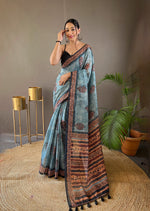 Load image into Gallery viewer, Light Blue Pure Soft Cotton Tussar Silk Sarees Price Under 1500 . this Fabric Pure Soft Cotton Tussar Silk this work elegant prints . This Design Uniquely and Traditional model using this Design.
