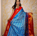 Load image into Gallery viewer, Light Blue Semi Tussar Silk Sarees With Price and Online Shopping Price Under 1000 . this Fabric Light Blue Color Semi Tussar Silk Saree Best For Wedding Price Under 1000 .  this Fabric ight Blue Tussar Silk  Fabric Black Tussar Silk Saree with Red Border and Black Tussar Silk saree with red border . this Traditional Look a For Saree 2024-25 , 2025-26 . 
