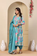 Load image into Gallery viewer, This cotton maslin Anarkali features digital shine print and embroidery, with a V-neck and full sleeves. It measures 52-55 inches in length and comes with a matching dupatta. Easy to care for with machine wash.

