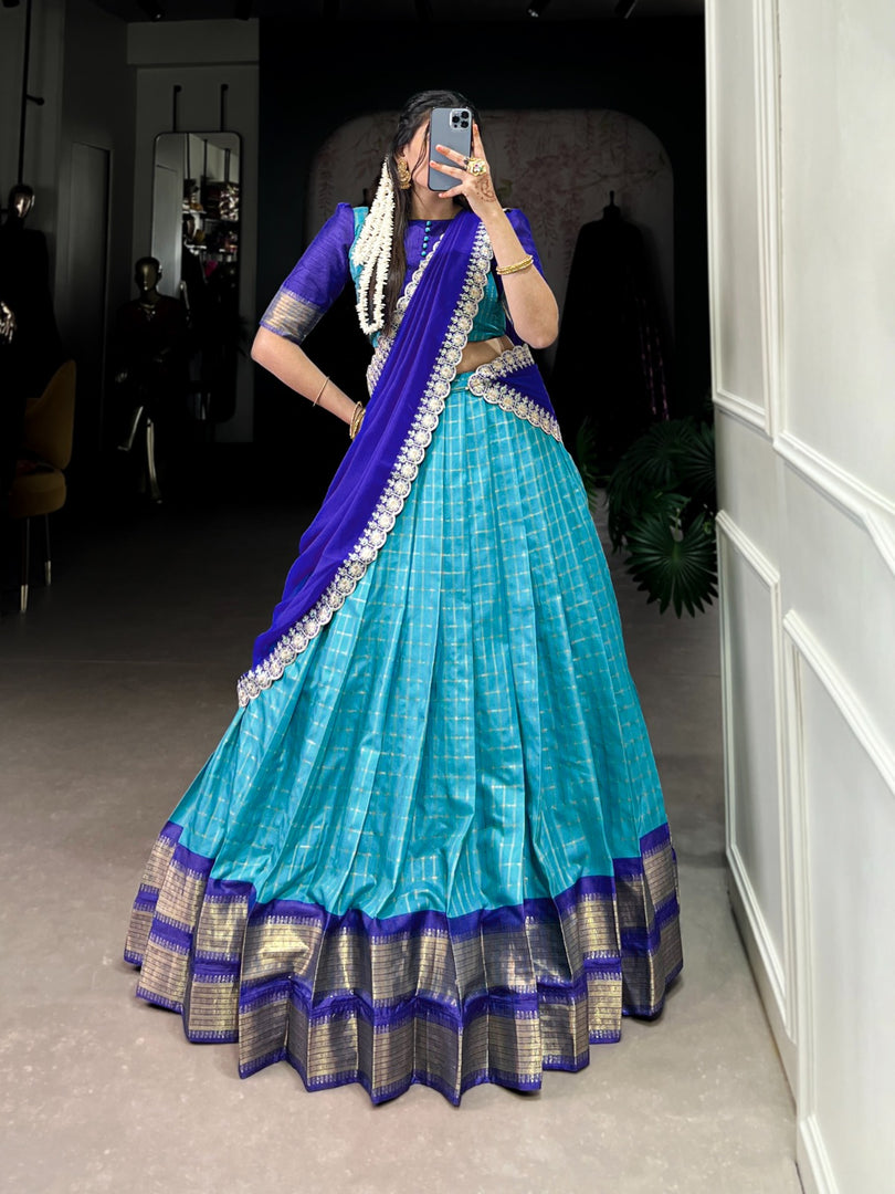Light Blue Zari Chex Dhavani Set , Davani , Langa Voni Dhavani Set With Price and Online Shopping Price under 2000 . this Fabric Most Famous and Rich Fabric . This Dupatta Georgette Fabric Sequins And Thread Embroidery Work , This Fabric Weddings  Dhavani Set and RIch Border With Zari Weaving Work , Traditional Look For 2024-25 , 2025-26 . 