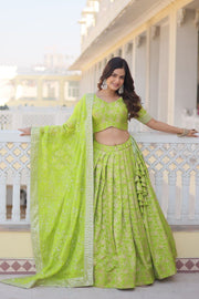 Light Green Pure Dyable Viscose Jacquard Dhavani Set , Langa Voni , Davani Set adn Half-Saree With Prices And Online Shopping Best Price Under 2500 . This fabric Pure Dyable Viscose Jacquard Lehenga Embroidered Sequins work and Dupatta Russian Silk With Sequins Embroidered Work and Blouse Pure Dyable Viscose Jacquard With  Sequins embroidered Work . Traditional Look For 2024 - 2025 . 
