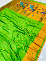 Load image into Gallery viewer, Light Green Pure Soft Silk Saree price of under 2000 . this fabric very smooth and light-green with gold zari weaving combination pure soft silk saree very expensive.
