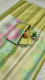 Load image into Gallery viewer, Light Green Softy Silk Sarees With Price and Online Shopping Price Under  1500 . this Fabric Light Green Saree Shop Digital Softy Silk Sarees with gold zari, contrast borders, and jacquard blouses. Elegant designs with rich pallu available at just ₹1199.
