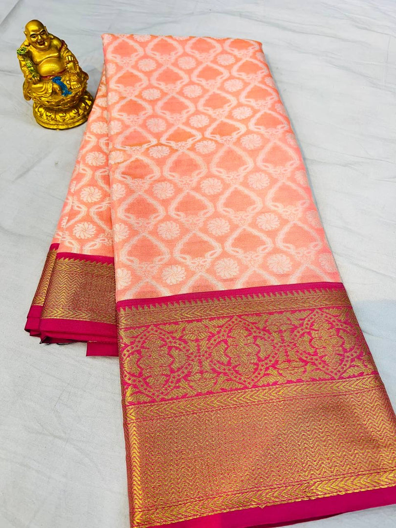 Orange Kanchipuram Handloom Tissue Weaving Silk tissue light terracotta orange saree with Price and Blouse Premium Saree Collcetion in under Rs. 1999 and This Fabric Traditional Look Proper 2024-25