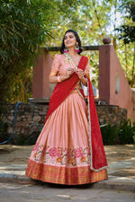 Load image into Gallery viewer, Light Orange Cotton Silk Davani Set , Langa Voni , Half-Saree and Dhavani Sets With Price and Online Shopping Price Under 2500 . this Fabric So Lehenga Thread Embroidery Work Border Rich Zari Weaving Work and Dupatta Georgette And Sequins Embroidery Work Butties With Lase Border , Traditional Look For 2024-25 , 2025-26 .
