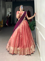 Load image into Gallery viewer, Light Orange Kanchipuram Dhavani Set , Davani Set  Price and Online Shopping Price Under 2000 . This Dhavani Set With Dupatta Fabric Vichitra Silk and This Dupatta Work For Sequins And Thread Embroidery Work With Lace Border .
