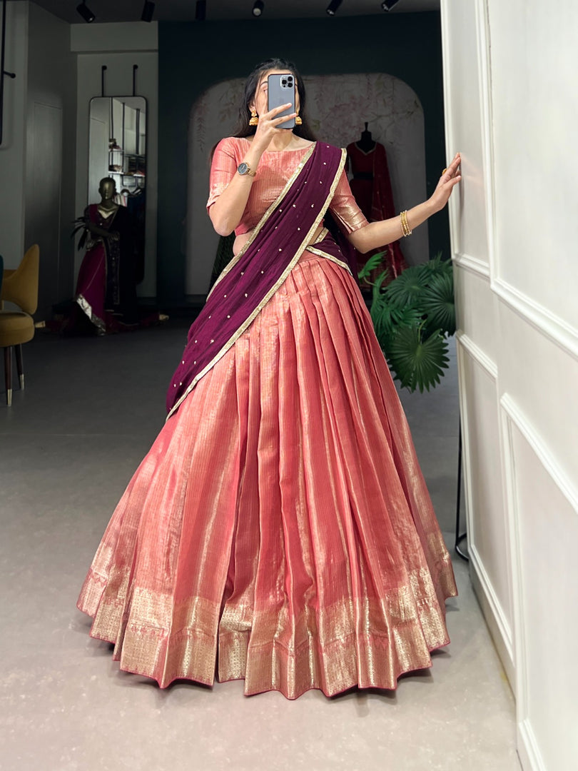 Light Orange Kanchipuram Dhavani Set , Davani Set  Price and Online Shopping Price Under 2000 . This Dhavani Set With Dupatta Fabric Vichitra Silk and This Dupatta Work For Sequins And Thread Embroidery Work With Lace Border .