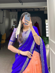 Reena Kanchipuram Davani Set featuring a stitched lehenga with zari weaving work, 3.80-meter flair . Includes unstitched Kanchipuram blouse fabric with zari work and a plain georgette dupatta with lace border. Complete set contains lehenga, blouse fabric, dupatta, and drawstring .