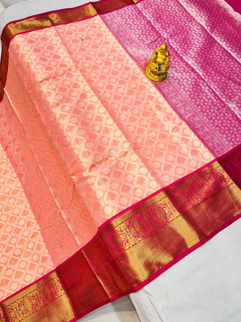 Orange Kanchipuram Handloom Tissue Weaving Silk tissue light terracotta orange saree with Price and Blouse Premium Saree Collcetion in under Rs. 1999 and This Fabric Traditional Look Proper 2024-25