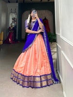 Load image into Gallery viewer, Authentic Kanchipuram Davani Set comprising zari-detailed stitched lehenga unstitched Kanchipuram blouse material, and lace-bordered georgette dupatta - shop Now Shoppers Trend!!!

