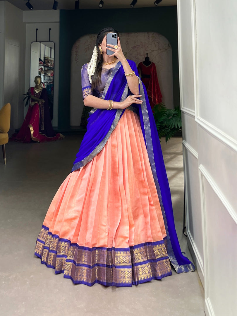 Authentic Kanchipuram Davani Set comprising zari-detailed stitched lehenga unstitched Kanchipuram blouse material, and lace-bordered georgette dupatta - shop Now Shoppers Trend!!!
