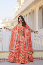 Load image into Gallery viewer, Light Orange Pure Dyable Viscose Jacquard Dhavani Set , Langa Voni , Davani Set And Half-Saree With Prices And Online Shopping Best Price Under 2500 . This fabric Pure Dyable Viscose Jacquard Lehenga Embroidered Sequins work and Dupatta Russian Silk With Sequins Embroidered Work and Blouse Pure Dyable Viscose Jacquard With  Sequins embroidered Work . This Lehenga Woman Tradition Look 2024-2025-26 .  
