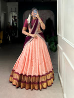 Load image into Gallery viewer, Light Orange Jari Chex Dhavani Set , Davani Set  Price and Online Shopping Price Under 2000 . This Dhavani Set With Dupatta Fabric Georgette and This Dupatta Work For Sequins Embroidery Work Lace Border . This Fabric Light Orange Zari Chex Dhavani Set | Langa Voni | Half-Saree For Weddings Best Wear Collection price Under 2000 . 
