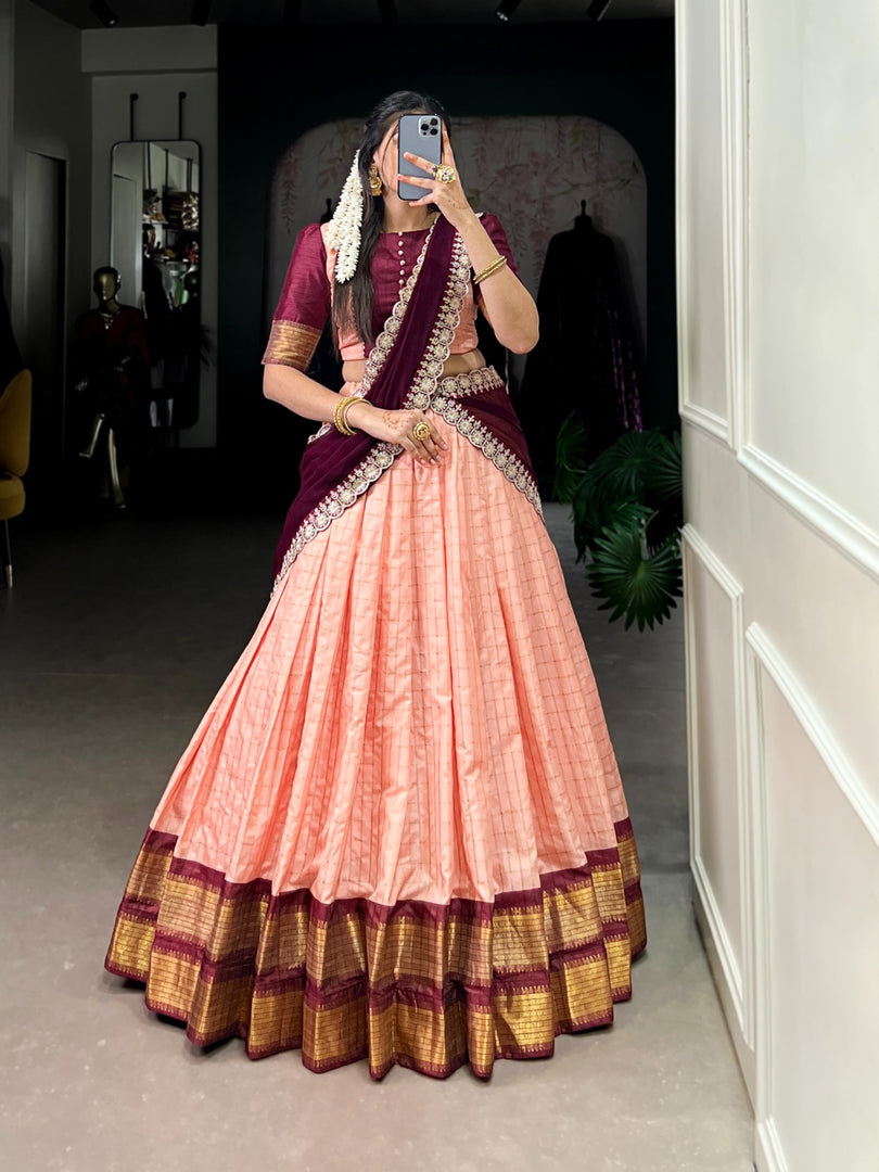 Light Orange Jari Chex Dhavani Set , Davani Set  Price and Online Shopping Price Under 2000 . This Dhavani Set With Dupatta Fabric Georgette and This Dupatta Work For Sequins Embroidery Work Lace Border . This Fabric Light Orange Zari Chex Dhavani Set | Langa Voni | Half-Saree For Weddings Best Wear Collection price Under 2000 . 