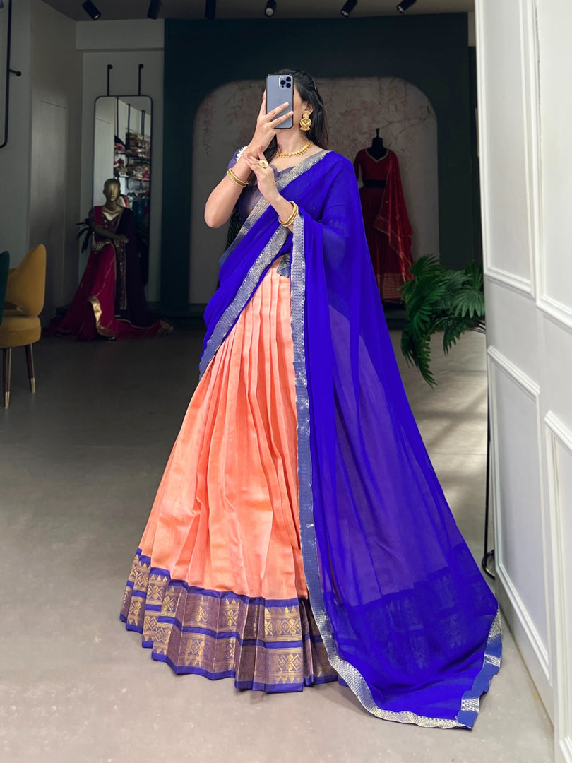 Light Orange and Blue Dupatta Kanchipuram Dhavani Set , Half-Saree , Davani Set and Langa Voni Price and Online Shopping Price Under 2000 . This fabric For Light Orange kanchipuram Dhavani Set | Half-Saree For Wedding Best Wear Collection Price Under 2000 , This Fabric So Cool and Heavy Botttom SIde Zari Weaving Work and Dupatta Georgette Fabric and Work Plain With Lase Border , Traditional Look For 2024-25 , 2025-26 .