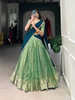 Load image into Gallery viewer, Discover the elegance of the Light Pista Dhavani Set | Langa Voni | Half Saree crafted from premium Kanchipuram silk. Experience luxurious softness, rich texture, and vibrant craftsmanship in this traditional masterpiece. Perfect for festive and bridal occasions....
