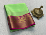 Load image into Gallery viewer, Light Pista Color Saree Pure Semi Mysore Silk sarees with price and  online shopping price under 1000. this fabric very softness and smooth , this saree offers unmatched comfort and a luxurious feel, this saree most use Chennai, Coimbatore, Hyderabad , India . Traditional Look For Wedding Wear  Collection For 2025-26 .
