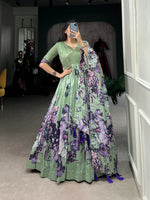 Load image into Gallery viewer, Light Pista Tussar Silk Anarkali With price and Online Shopping Price Under 2000 . Floral Tussar Silk Gown with Lace-Detail Dupatta and Stunning floral printed gown crafted from Tussar silk, complete with a cotton lining and lace accents. Includes a stylish 2.4-meter dupatta with tassels and Gotta Patti border.
