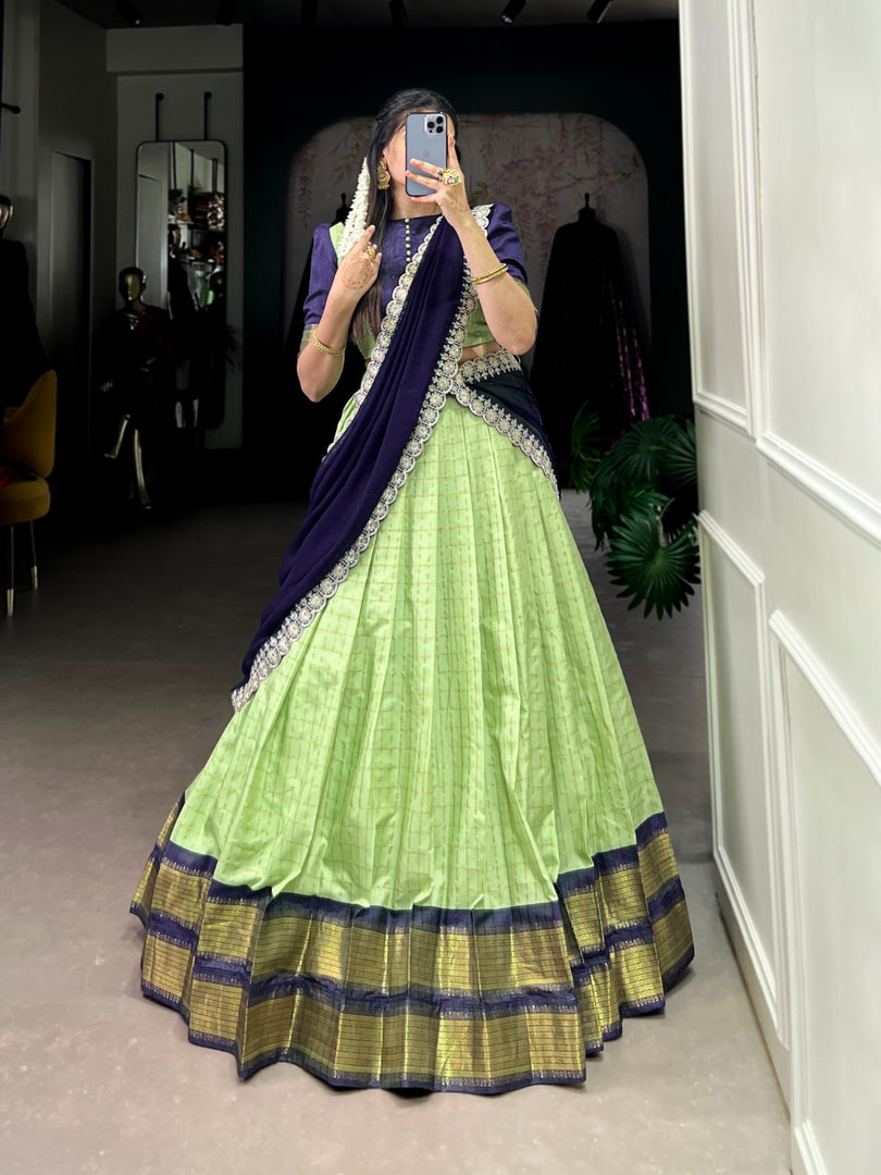 Discover the elegance of the Light Pista Dhavani Set | Langa Voni | Half Saree crafted from premium Zari Chex . Experience luxurious softness, rich texture, and vibrant craftsmanship in this traditional masterpiece. Perfect for festive and bridal occasions . Traditional Look For 2024-25 , 2025-26 . 