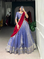 Load image into Gallery viewer, Light Purple Kanchipuram Dhavani Set , Davani , Langa Voni Dhavani Set With Price and Online Shopping Price under 2000 . this Fabric Most Famous and Rich Fabric . This Fabric Dupatta Sequins And Thread Embroidery Work With Lace Border 
