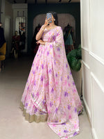 Load image into Gallery viewer, Light Purple Or Light Pink Tabby Silk Dhavani Set , Langa Voni ,  Weddings Special Best Wear Collection Price and Online shopping Price Under 2000 . This Fabric So Heavy and Lehenga Tabby Silk Fair 4 Meter and Work Printed With Floral Print , Dupatta Printed With lace Top Up and 2.4 Meter Fair , This Fabric Traditional Look For 2024-25 , 2025-26 .  
