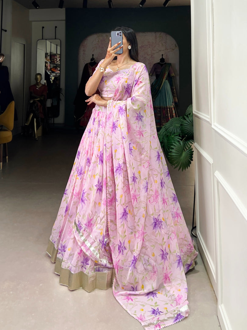 Light Purple Or Light Pink Tabby Silk Dhavani Set , Langa Voni ,  Weddings Special Best Wear Collection Price and Online shopping Price Under 2000 . This Fabric So Heavy and Lehenga Tabby Silk Fair 4 Meter and Work Printed With Floral Print , Dupatta Printed With lace Top Up and 2.4 Meter Fair , This Fabric Traditional Look For 2024-25 , 2025-26 .  