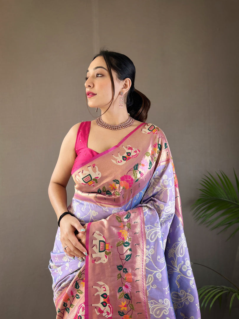 Light Purple Paithani Weaving Work Saree With Price and Online Shopping Price Under 2500 . this Fabric  So Heavy and Best popular Famous and Mainly Manufacturing this Aurangabad in Maharashtra  .