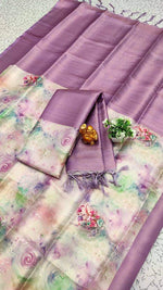 Load image into Gallery viewer, Light Purple Softy Silk Sarees With Price and Online Shopping Price Under  1500 . this Fabric Light Purple Saree Shop Digital Softy Silk Sarees with gold zari, contrast borders, and jacquard blouses. Elegant designs with rich pallu available at just ₹1500 .
