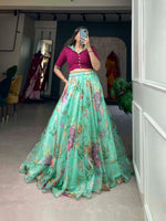 Load image into Gallery viewer, Discover the Ethereal Beauty of Light Sky Organza Fabric Dhavani Set and Langa Voni . Feather-light, soft-textured, and exquisitely detailed, this fabric is perfect for modern weddings and festive wear. 
This Fabric Price and Online Shopping Price Under Price Rs.1500 .
