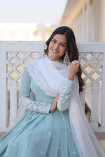 Load image into Gallery viewer, Light Sky Faux Georgette Sky Anarkali With Price and Online Shopping Price Under 2000 . Thread &amp; Sequins Embroidery and Dupatta Russian Silk  with Embroidered Cut-Work . 

