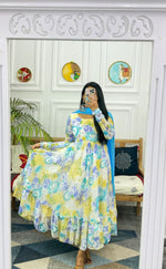 Load image into Gallery viewer, Light Sky Fox Georgette Anarkali With Price and Online Shopping With Price Under 1000 . this fabric Light Sky Fox Georgette Upgrade your wardrobe with this elegant digital print Anarkali gown in fox georgette. Includes a matching dupatta. Easy care with machine wash compatibility  
