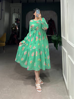 Load image into Gallery viewer, Light Sky Georgette Frock With Floral Print Dresses WIth Price And Online Shopping Price Under 1000 . Discover style with this Georgette stitched frock featuring a floral print, 48-inch length, and adjustable chest fit for extra comfort. Perfect for casual and festive occasions . 
