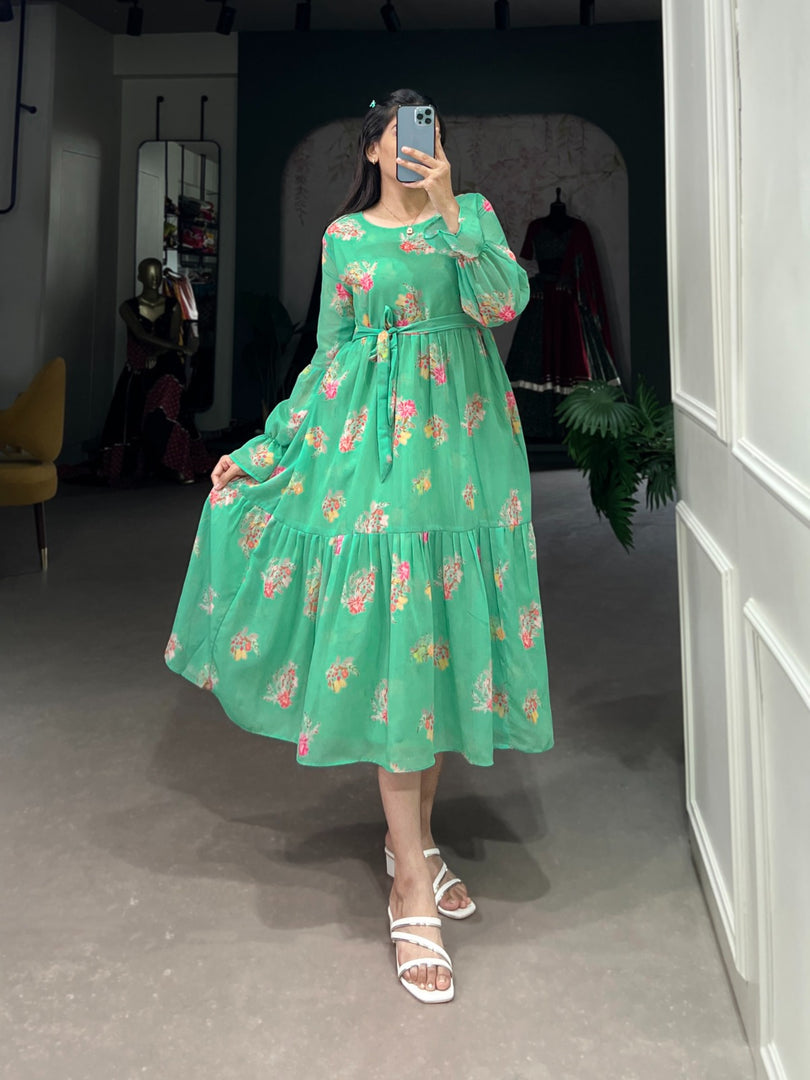 Light Sky Georgette Frock With Floral Print Dresses WIth Price And Online Shopping Price Under 1000 . Discover style with this Georgette stitched frock featuring a floral print, 48-inch length, and adjustable chest fit for extra comfort. Perfect for casual and festive occasions . 