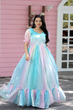 Load image into Gallery viewer, Light Sky Jimmy Silk Gown With Price and Best Choise Weddings Specials Price Under 1500 . Make a statement with this Jimmy Silk Multi-Print Gown. With a luxurious 5.5-meter flair, cotton lining, and trendy puff sleeves, it’s the perfect blend of comfort and elegance.
