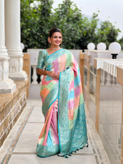 Light Sky Or Light Blue Color Saree From Pure Banarasi Silk Fabric For Wedding And Other Occation , Traditionally, Banarasi sarees are woven with silk, though they can also be made in other materials like cotton, georgette, and chiffon . This Saree Blue Color Pure Banarasi Silk Multicolor For Weddings Best Saree .