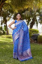 Load image into Gallery viewer, Light Sky Pure Gharchola Bandej Silk Sarees With Price and Online Best Shopping Price Under 3000 . This Fabric Smooth and Very Expensive Silk Saree and Rajvadi Pattern and Patola Silk Saree . this Fabric Zari Weaving Work and Traditional Look 2024-25 . 
