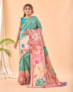 Load image into Gallery viewer, Light Sky Pure Paithani Silk Saree With Paithani Weaving Work Sarees With Price and Online Shopping Price Under 1500 . This Fabric So Heavy Paithani Weaving Work and Big Paithani Border Contrast Rich Weaved Pallu . This Fabric Best Popular and Fancy Paithani Saree and Traditional Look For 2024-25 , 2025-26 . 
