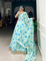 Load image into Gallery viewer, Light Sky Tabby Silk Dhavani Set , Davani Set and Half-Saree With Price and Online Shopping Price Under 2000 . This Printed With Floral Print Dhavani Set features Floral printing and a drawstring with Lace Touch Up . The set also includes a stitched canvas and attached Can , an stitched blouse with Floral printing, a Dupatta, and Printed With Lace Top Up . Traditional Look For 2024-25 , 2025-26 . 
