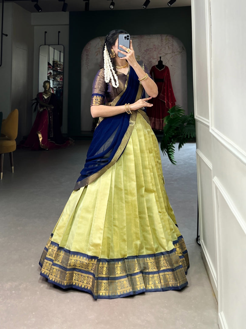 Light Yellow And Navy Blue Blouse and Dupatta Kanchipuram Dhavani Set , Half-Saree , Langa Voni and Davani Sets Price and Online Shopping Price Under 2000 . This Fabric So Heavy and Nice Looking For Heavy Bottom Side Zari Weaving Work and Dupatta Plain With Lace Border and Blouse Fully Zari Weaving Work , Traditional Wear Look For 2025-26 . 