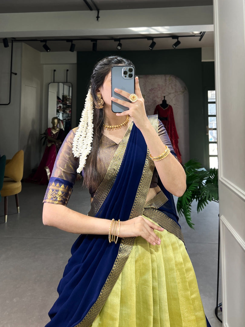 Kanchipuram Davani Set featuring stitched lehenga with zari work (3.80m flair), unstitched Kanchipuram blouse fabric with zari detailing, and plain georgette dupatta with lace border , Shop now  - Shoppers Trend and Price Under 1599 / 2000 . 
