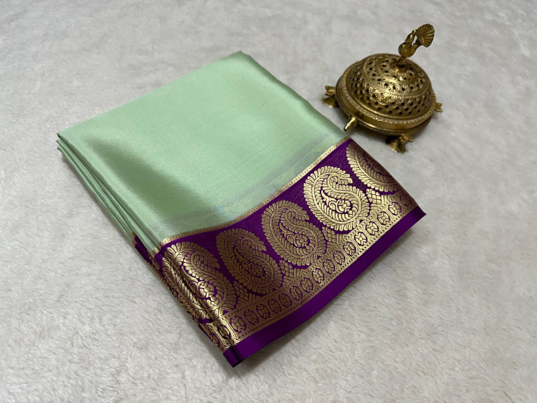 Lovely Pista Semi-Mysore Silk Saree with zari work. 6.3m length. Comes with blouse. Machine washable Price saree under 899!!!
