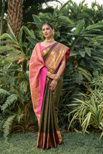 Load image into Gallery viewer, Mahendi Green Kanchipuram Handloom Pattu Weaving Silk Saree By Shoppers Trend price with Fancy Model Designer Shop By Shoppers Trend . This Saree Pink Blouse With Fully Zari Weaving Saree Of Under 1999
