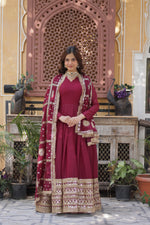 Load image into Gallery viewer, Red georgette gown with sequins embroidery , Bridal red embroidered gown for women , Red party wear gown with dupatta , Traditional red V-neck gown with lace work , Elegant red full-sleeve gown for festive occasions . 
