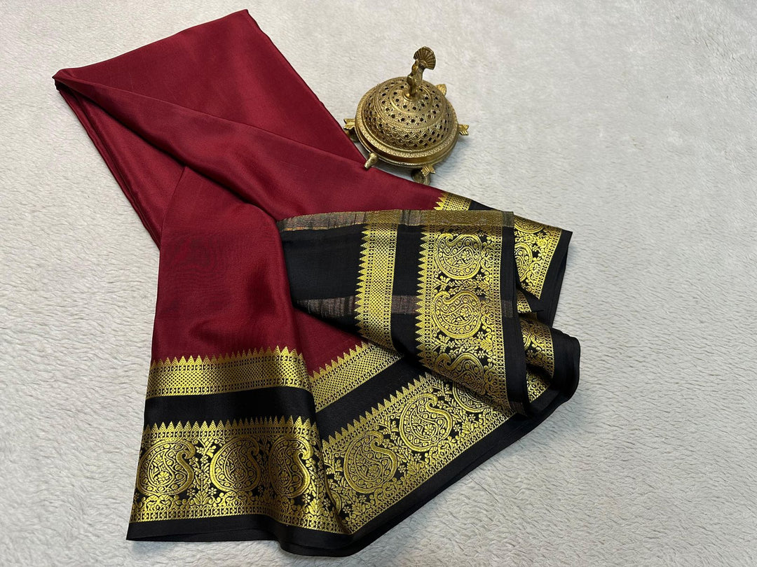 Maroon Pure Semi Crepe Mysore Silk Coffee Color Saree From Best Saree Manufacturer of Karnataka, India. Mysore Silk Saree Is Tradition Of All Over India But Mostly In South India State Like Andhra Pradesh , Tamilnadu ,Telangana ,kerala , Golden zari weaving  Silk , Saree Under 1000 RS .